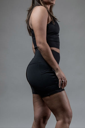 Women's Soho 5-inch inseam fitness shorts by Hot Trend Vault, black breathable performance shorts for active wear.