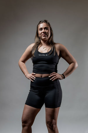 Women’s Soho 5-inch inseam fitness shorts in black, made by Hot Trend Vault, featuring breathable performance fabric for active wear.