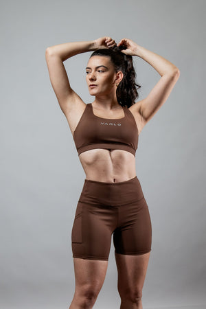Women’s SOHO 5-inch inseam fitness shorts in City Mocha by Hot Trend Vault, featuring a comfortable athletic fit and casual style.
