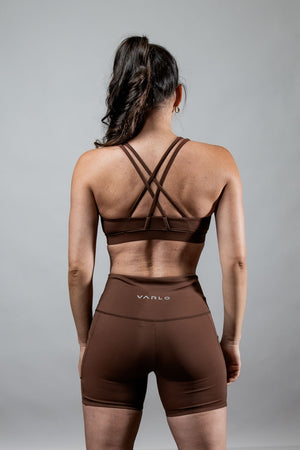 Women’s SOHO 5-inch inseam fitness shorts by Hot Trend Vault in city mocha, featuring a comfortable stretch fit and athletic design.