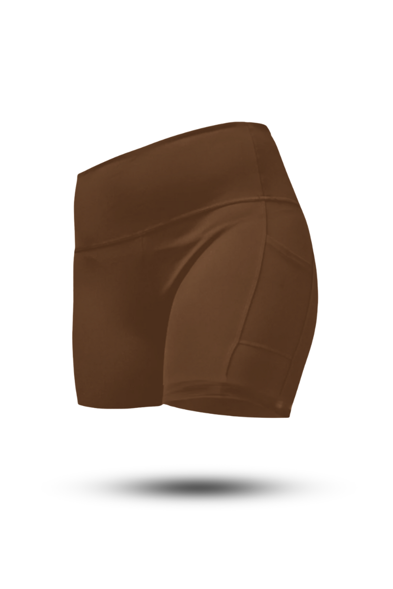 Women’s Hot Trend Vault SOHO 5-inch inseam fitness shorts in city mocha, shown on a woman’s legs and waist.