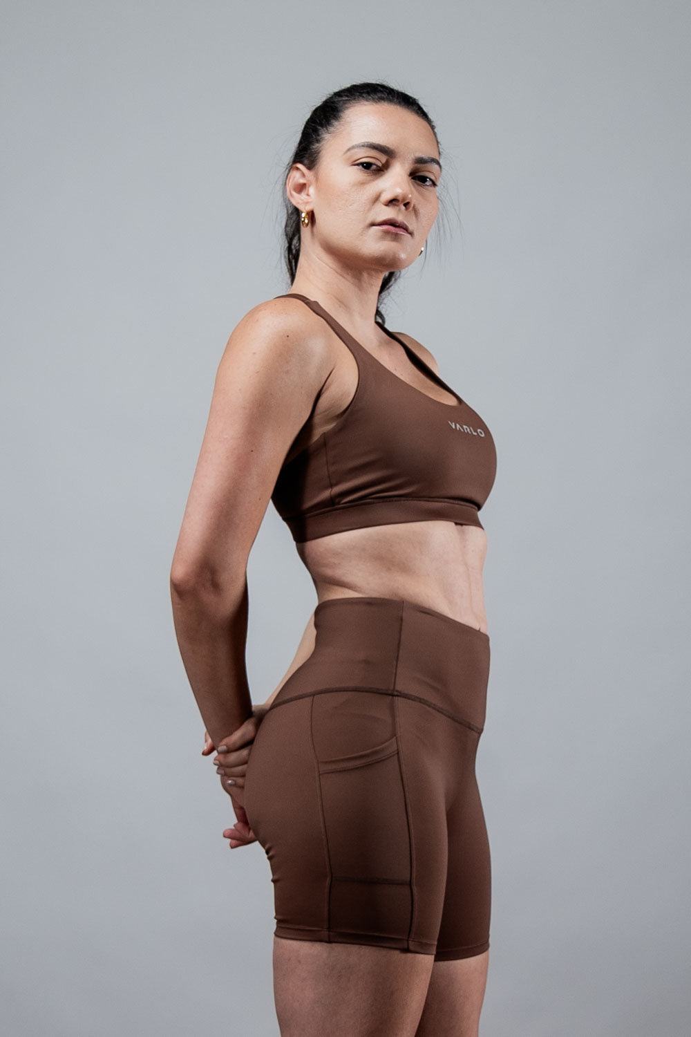 Women’s SOHO 5-inch inseam fitness shorts by Hot Trend Vault in city mocha, featuring a comfortable elastic waistband and athletic fit.