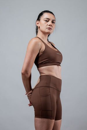 Women’s SOHO 5-inch inseam fitness shorts by Hot Trend Vault in city mocha, featuring a comfortable elastic waistband and athletic fit.