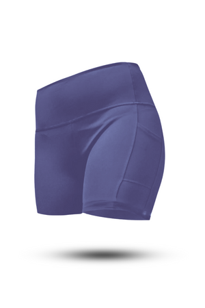 Women wearing Hot Trend Vault SOHO women's five-inch inseam fitness shorts in Lilac Mist, showcasing comfortable, stylish activewear.