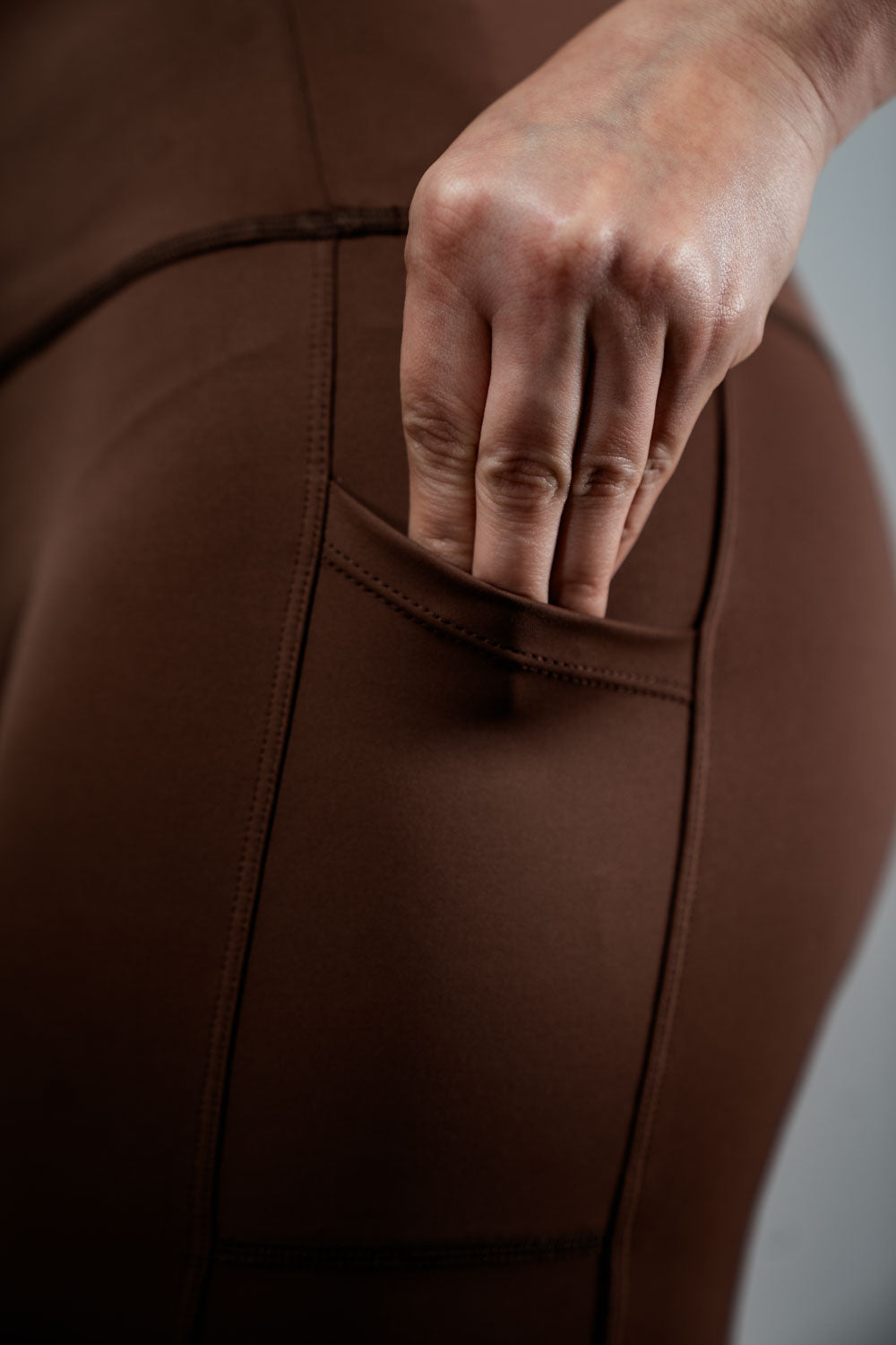 Women’s SOHO Fitness Shorts by Hot Trend Vault in city mocha, 8-inch length, activewear shorts for active and casual wear.