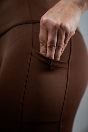 Women’s SOHO Fitness Shorts by Hot Trend Vault in city mocha, 8-inch length, activewear shorts for active and casual wear.