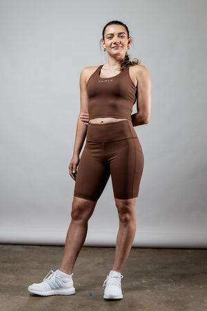 Women’s SOHO Fitness Shorts 8 Inch City Mocha by Hot Trend Vault, showing breathable performance activewear with a comfortable fit.