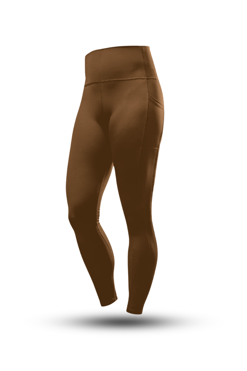 Women's Varlo Soho full-length high waist leggings in city mocha, showing a close-up of the fitted, stretchy fabric and waistband.