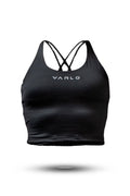 Black SOHO women's cross back crop tank top by Hot Trend Vault, featuring sleek design and supportive fit.