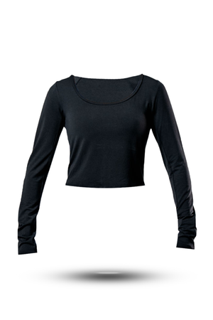 Black women's Terra Recovery Arc long sleeve crop top t-shirt by Hot Trend Vault, featuring a fitted design and subtle branding.