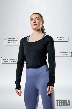 Black women's Terra Recovery Arc long sleeve crop top T-shirt by Hot Trend Vault, featuring a fitted style and subtle branding.