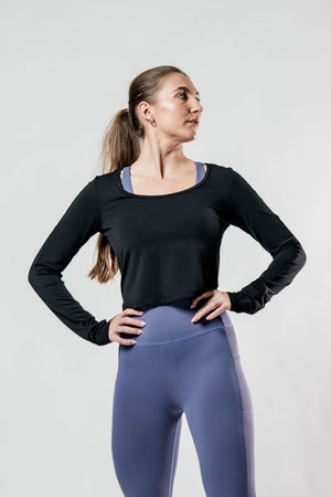 Black women's Terra Recovery Arc long sleeve crop top by Hot Trend Vault, featuring a fitted design and stylish crop length.