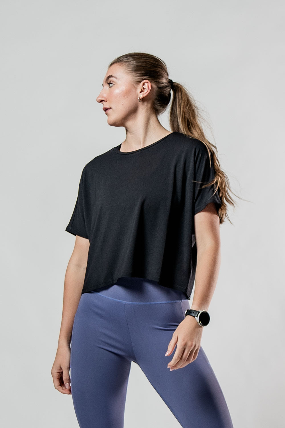 Women's black Terra Recovery Drift crop t-shirt by Hot Trend Vault, relaxed fit athleisure with casual, comfortable style.