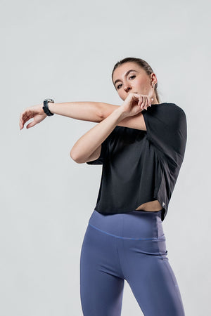 Women’s black Terra Recovery Drift crop t-shirt by Hot Trend Vault, relaxed fit athleisure style, casual and comfortable for active wear.