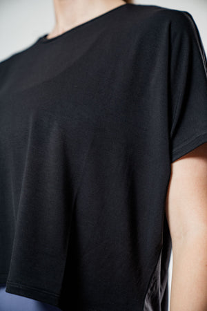 Black women's Terra Recovery Drift Crop T-Shirt by Hot Trend Vault, relaxed fit athleisure style, shown on a model.