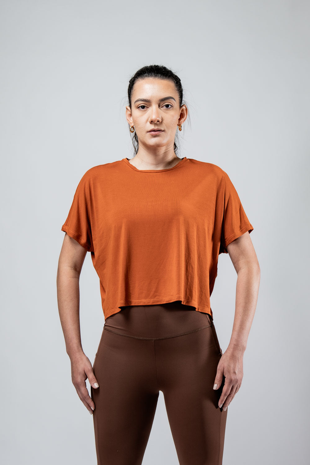 Women’s Terra Recovery Drift Crop T-Shirt in Sunfire Clay by Hot Trend Vault, relaxed fit with a casual, stylish silhouette.