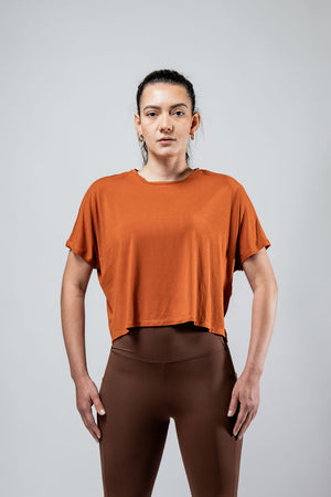 Women’s Terra Recovery Drift Crop T-Shirt in Sunfire Clay by Hot Trend Vault, relaxed fit with a casual, stylish silhouette.