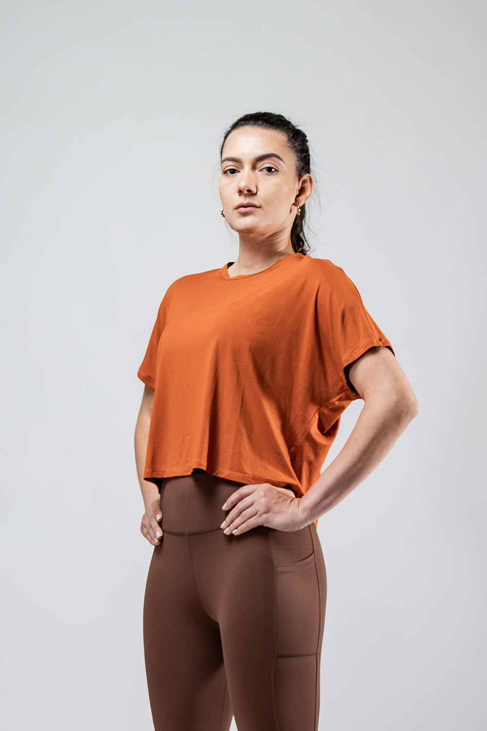 Women's Terra Recovery Drift Crop T-shirt in Sunfire Clay with relaxed silhouette by Hot Trend Vault, featuring a casual, comfortable fit.