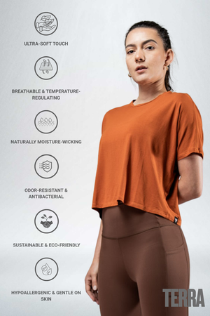 Women's Terra Recovery Drift Crop T-Shirt in Sunfire Clay by Hot Trend Vault, relaxed fit with a casual, stylish silhouette.
