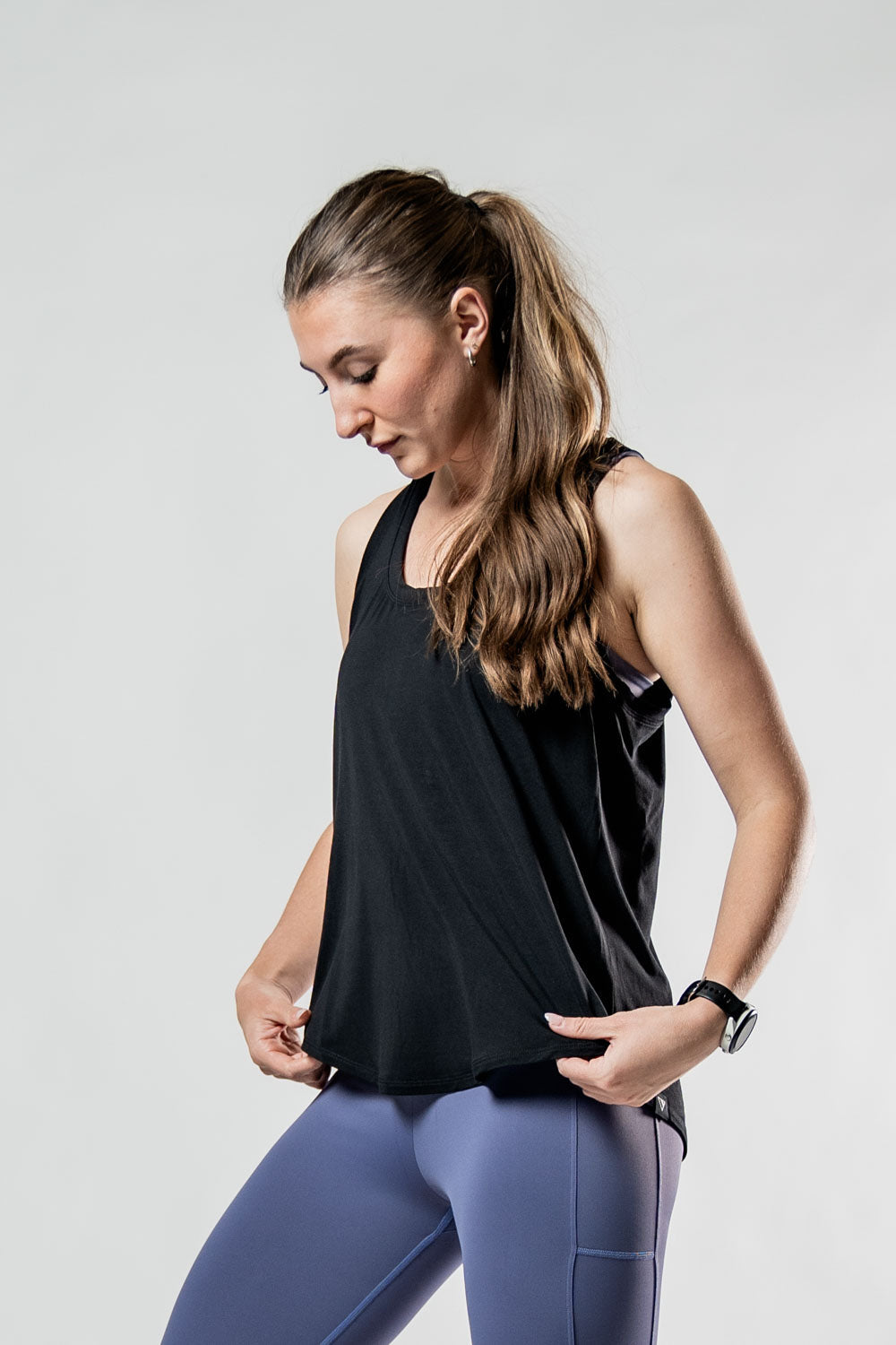 Women's black Terra Recovery Halo Tank top by Hot Trend Vault, designed for light post-workout recovery and comfort.
