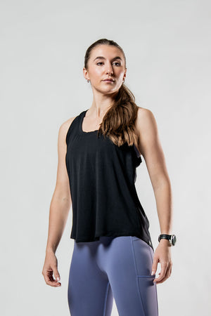 Women's black Terra Recovery Halo Tank top by Hot Trend Vault, featuring a lightweight, post-workout recovery tank design.