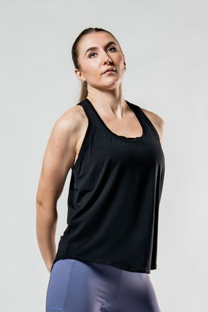 Black Women's Terra Recovery Halo Tank top by Hot Trend Vault, a lightweight recovery tank for post-workout wear.