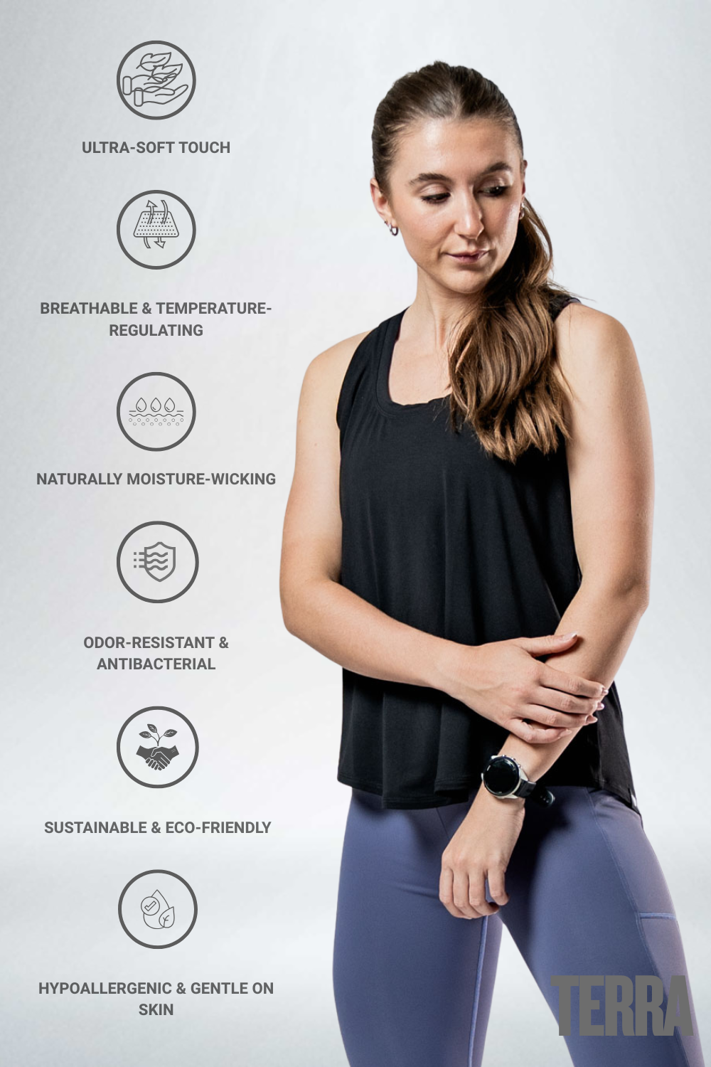 Black women's Terra Recovery Halo Tank top from Hot Trend Vault, designed for light post-workout recovery comfort.