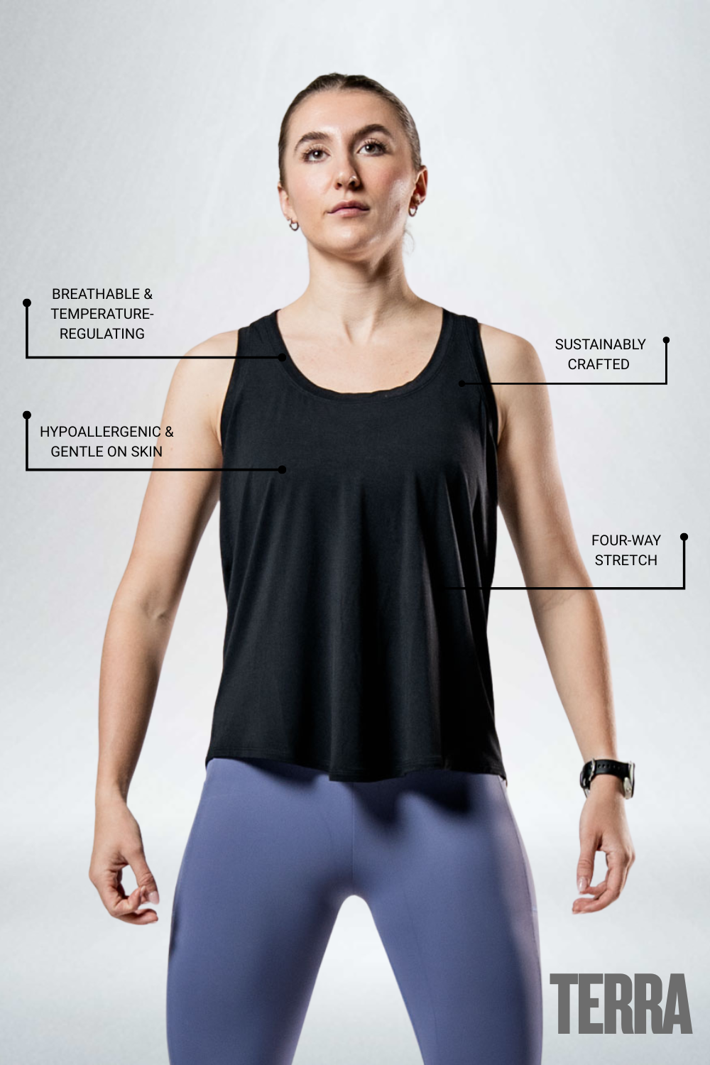 Women's black Terra Recovery Halo Tank top from Hot Trend Vault, designed for post-workout light recovery and comfort.