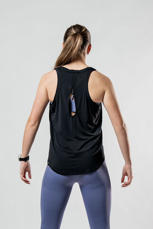 Women's Black Terra Recovery Halo Tank top by Hot Trend Vault, a lightweight post-workout recovery tank with a stylish design.