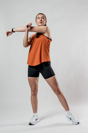 Women’s Terra Halo Recovery Tank top in Sunfire Clay by Hot Trend Vault, featuring breathable fabric and tank top style.