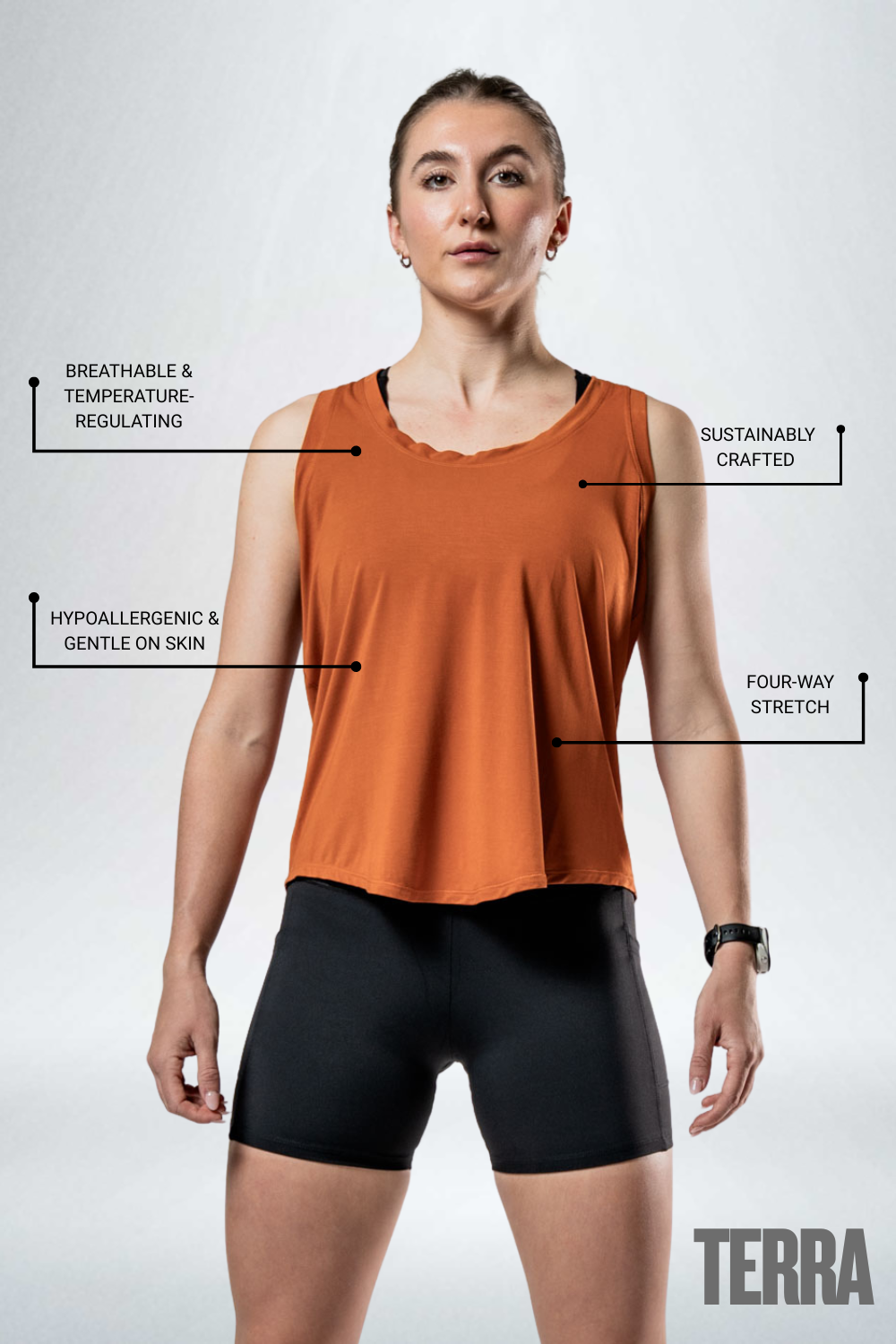 Women's Terra Halo Recovery Tank Top in Sunfire Clay by Hot Trend Vault, featuring breathable fabric and comfortable fit.