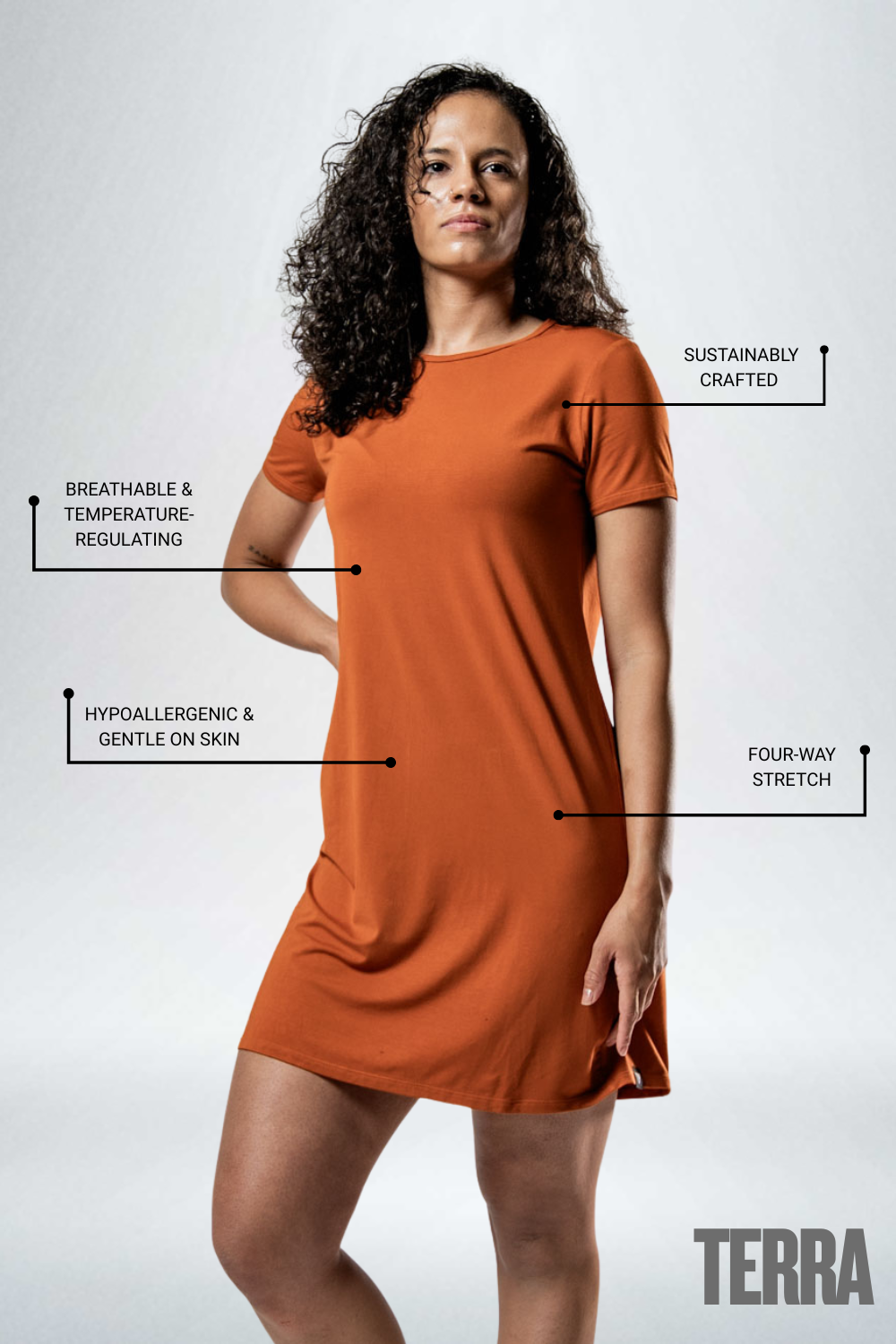 Women's Terra Recovery Motion Dress in Sunfire Clay by Hot Trend Vault, lightweight and comfortable for everyday wear.