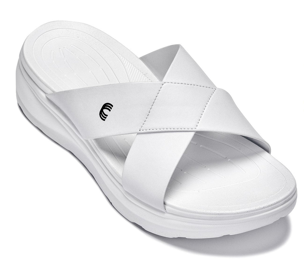 White Calto X1653 height increasing sandals with a 2-inch lift from Hot Trend Vault, featuring a matte finish and open-toe design.