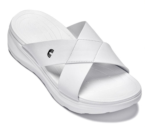 White Calto X1653 height increasing sandals with a 2-inch lift from Hot Trend Vault, featuring a matte finish and open-toe design.