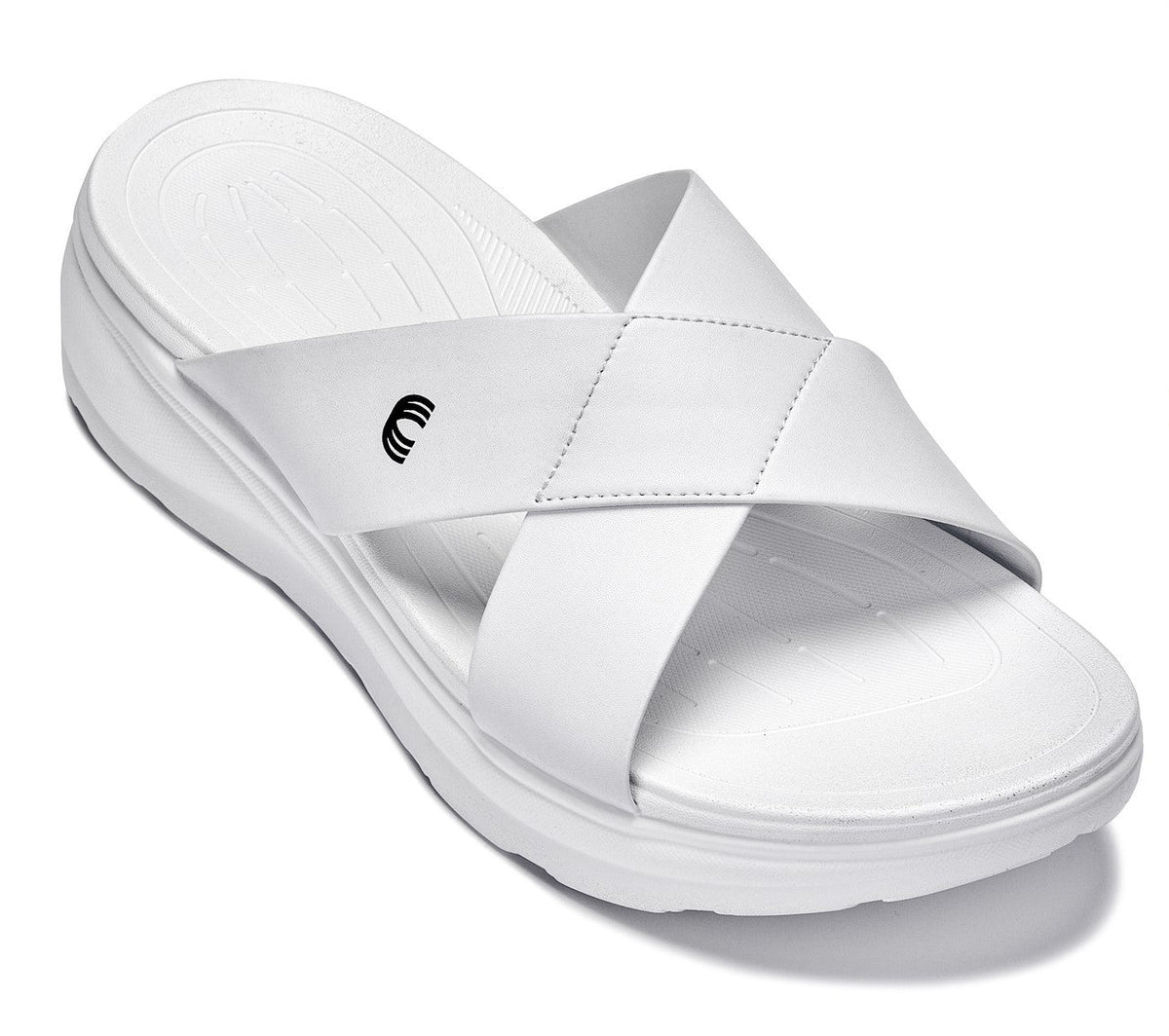 White Calto X1653 height increasing sandals with 2-inch lift, matte finish, designed for added height and style.