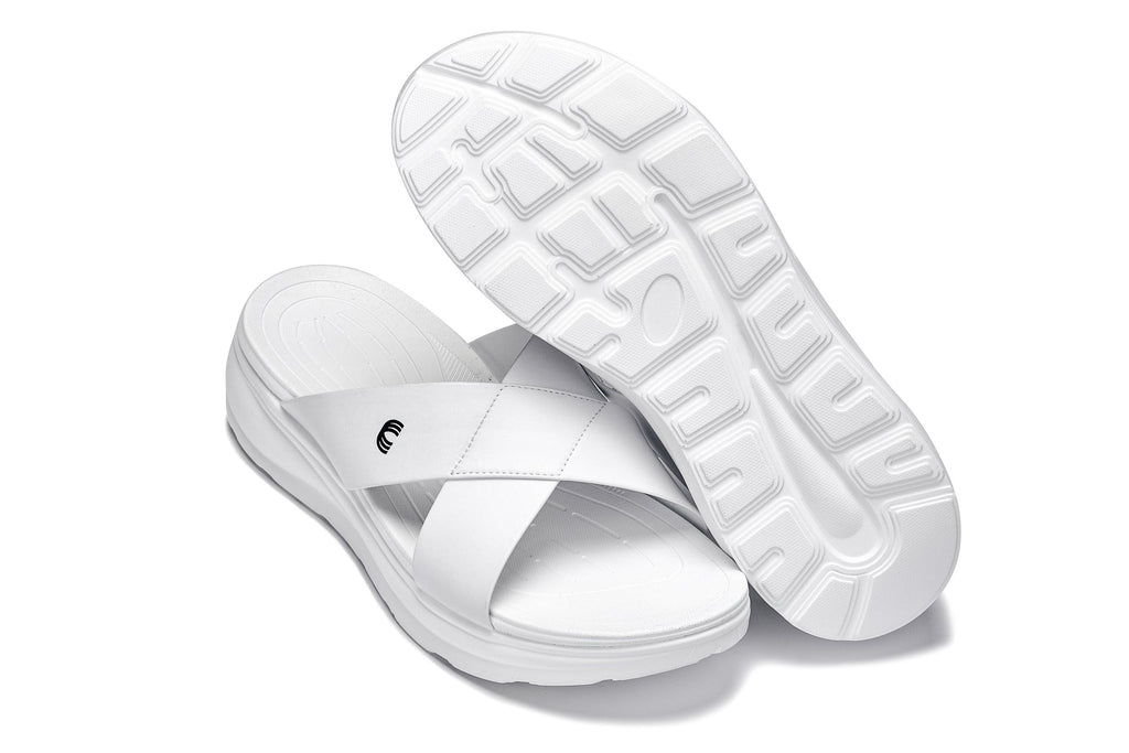 White matte Calto X1653 height increasing sandals with 2-inch lift by Hot Trend Vault, showing the stylish sole and strap details.