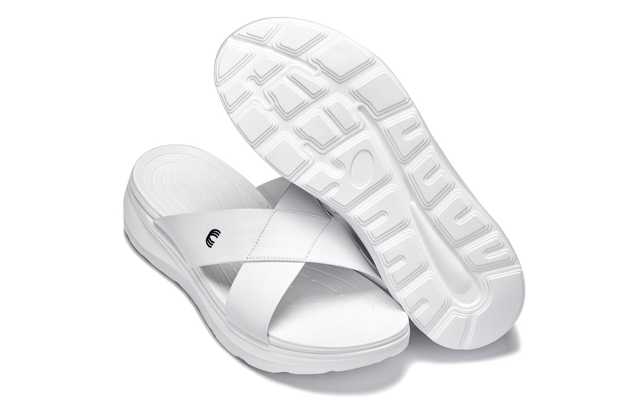 White Calto X1653 height-increasing sandals with a 2-inch lift from Hot Trend Vault, featuring a matte finish and open toe design.