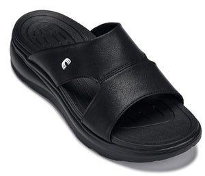 Black Calto X1655 height-increasing sandals by Hot Trend Vault with grainy finish and 2-inch lift for added height.