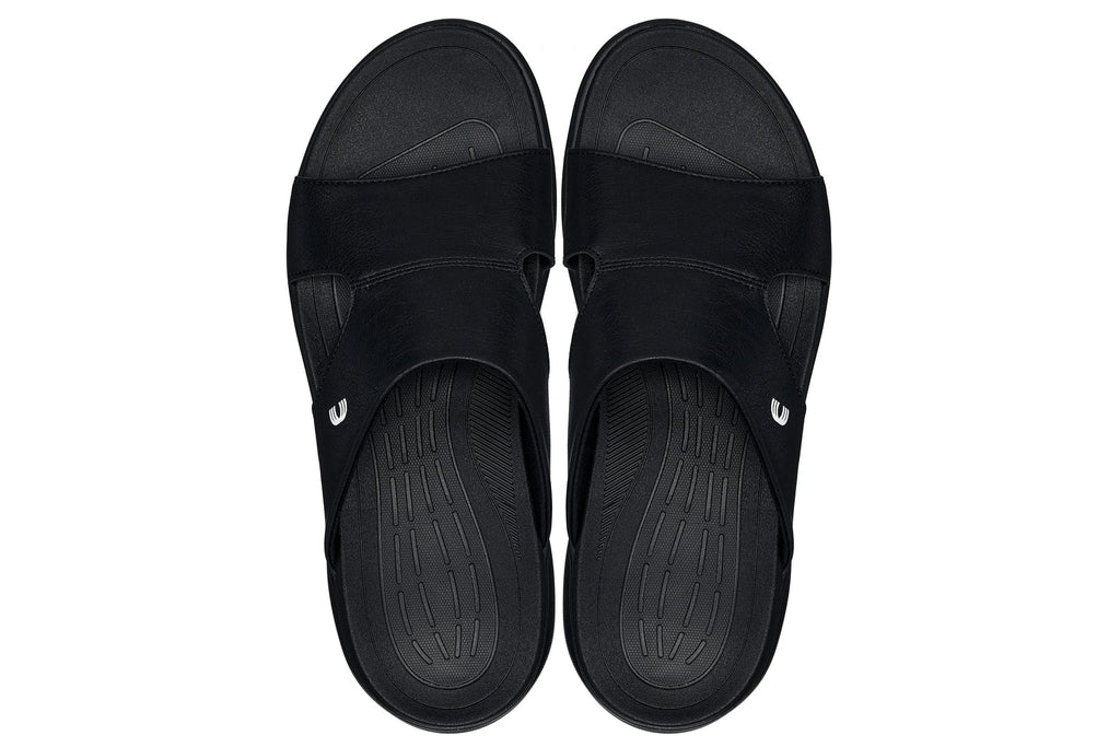 Black grainy Calto X1655 2-inch taller height increasing sandals by Hot Trend Vault, shown from a side angle.