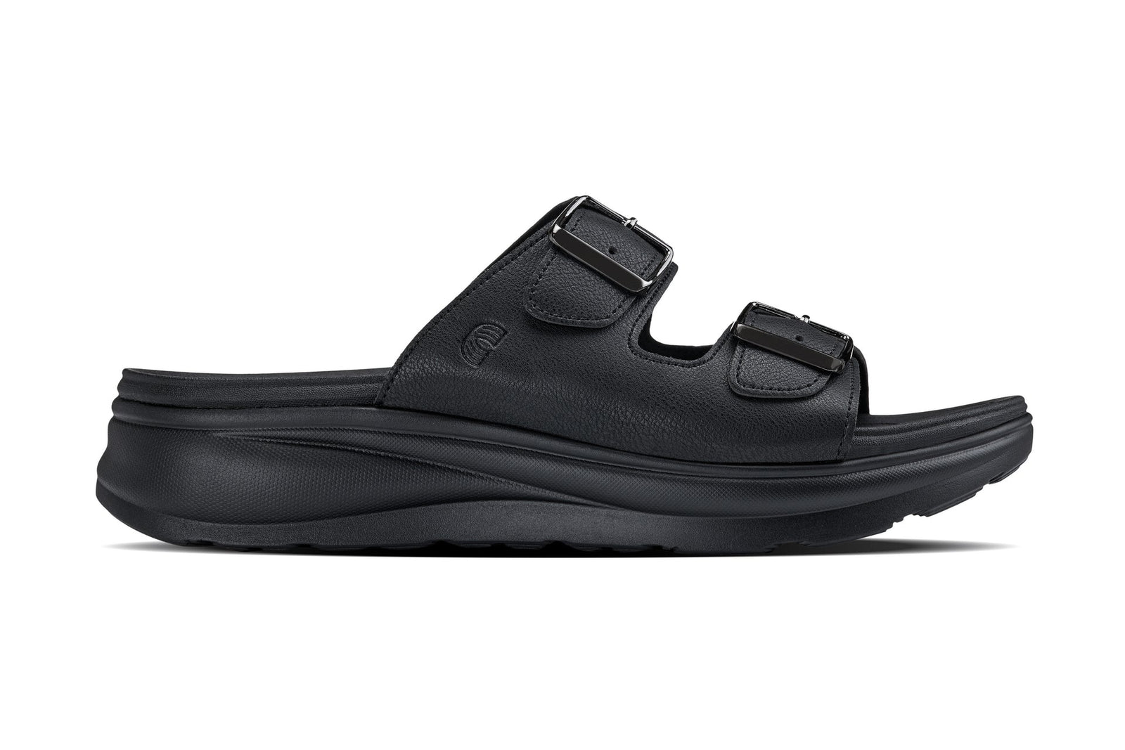 Black Calto X1660 sandals by Hot Trend Vault with dual buckles, designed to add 2 inches of height, shown from front view.