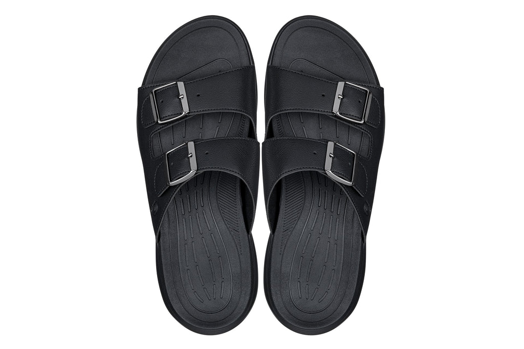 Black Calto X1660 2-inch taller dual buckle sandals by Hot Trend Vault, showcasing stylish design and adjustable straps.