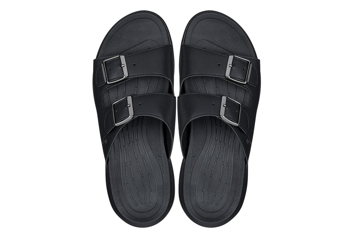 Black Calto X1660 dual buckle sandals by Hot Trend Vault, featuring a 2-inch height increase and stylish design.