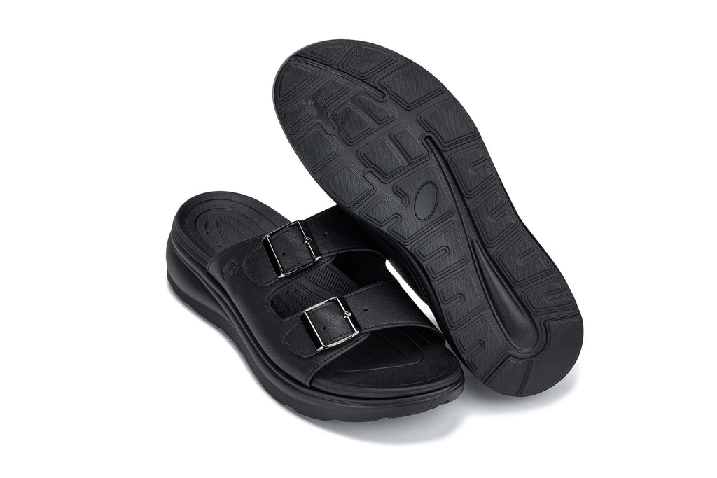 Black Calto X1660 sandals with dual buckles, 2 inches taller, by Hot Trend Vault, showing the stylish design and adjustable straps.