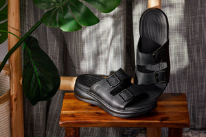 Black Calto X1660 sandals with dual buckles, designed to add 2 inches taller, by Hot Trend Vault.
