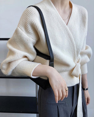 French retro knitted women's cardigan top with V-neck, tie detail, loose fit, handmade sweater by Hot Trend Vault.