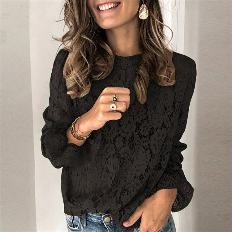 Women’s loose fit hollow lace street style shirt by Hot Trend Vault, medium length, semi-sheer with intricate lace details.