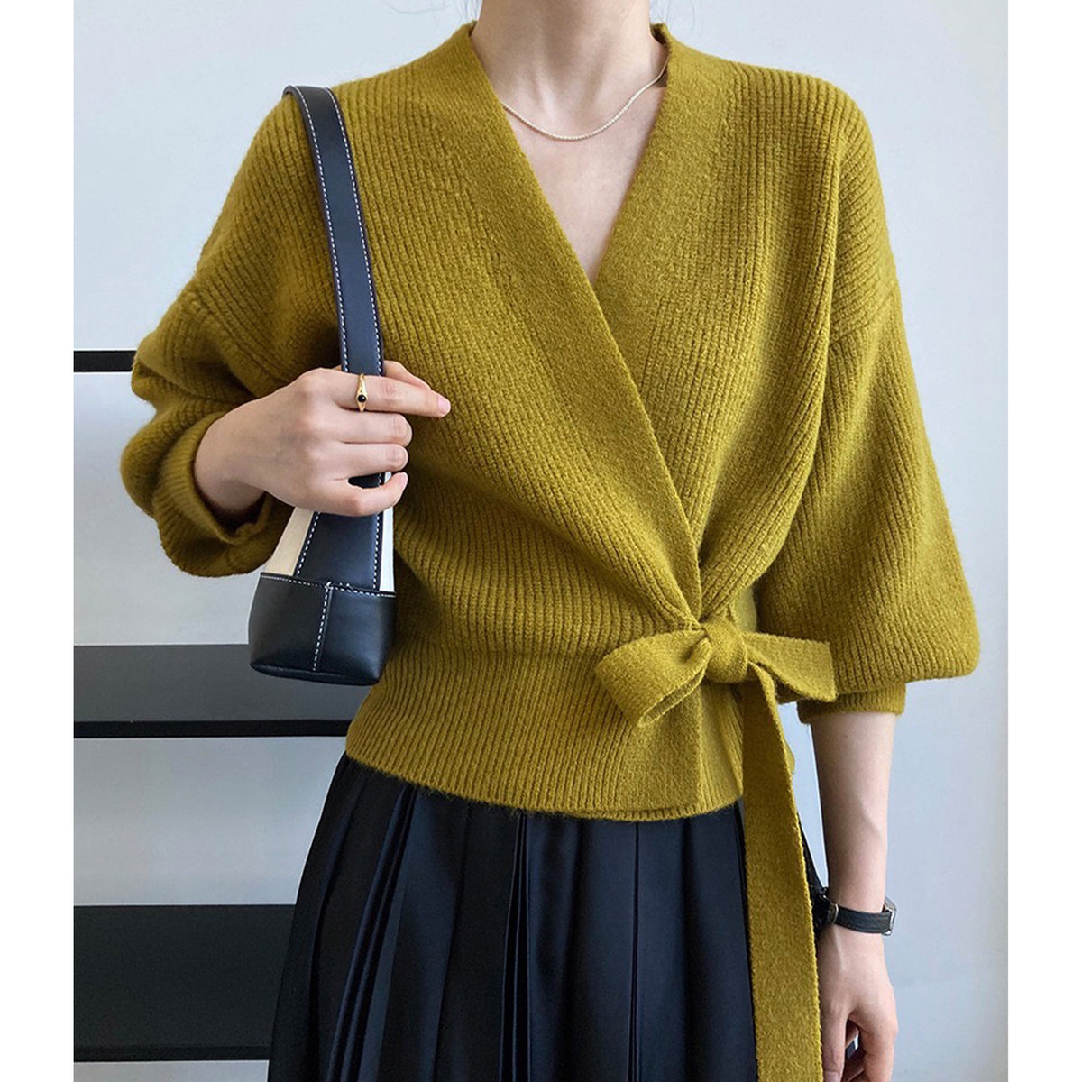 French retro knitted women's cardigan top with V-neck, tie detail, loose fit, handmade sweater by Hot Trend Vault.