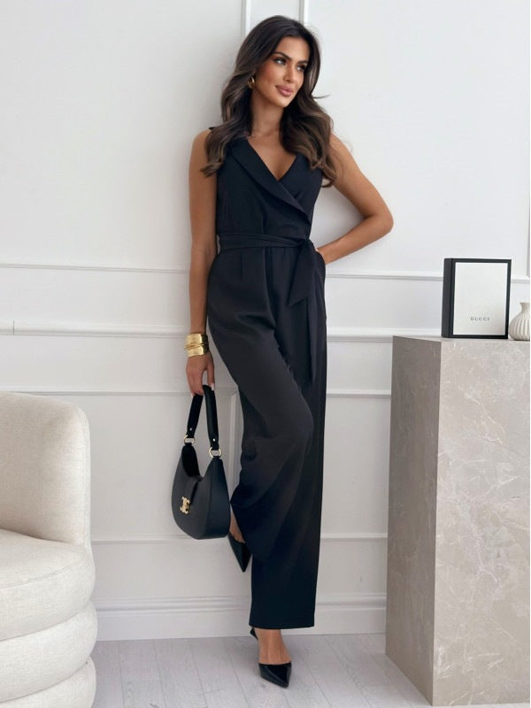 Hot Trend Vault women's V-neck sleeveless jumpsuit with belt, perfect for summer, featuring a stylish and comfortable fit.