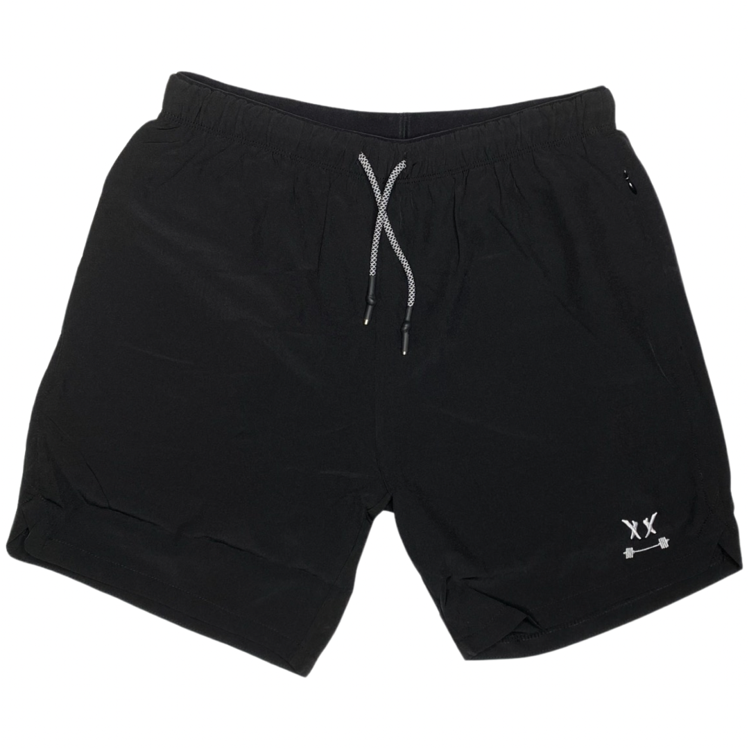 Men's black activewear compression shorts with 5-inch inseam, zippered pockets, from Hot Trend Vault.