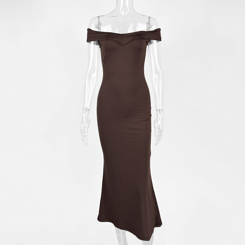 Black summer off-shoulder maxi dress by Hot Trend Vault, strapless, pleated sleeveless dress made of polyester for women's fashion.